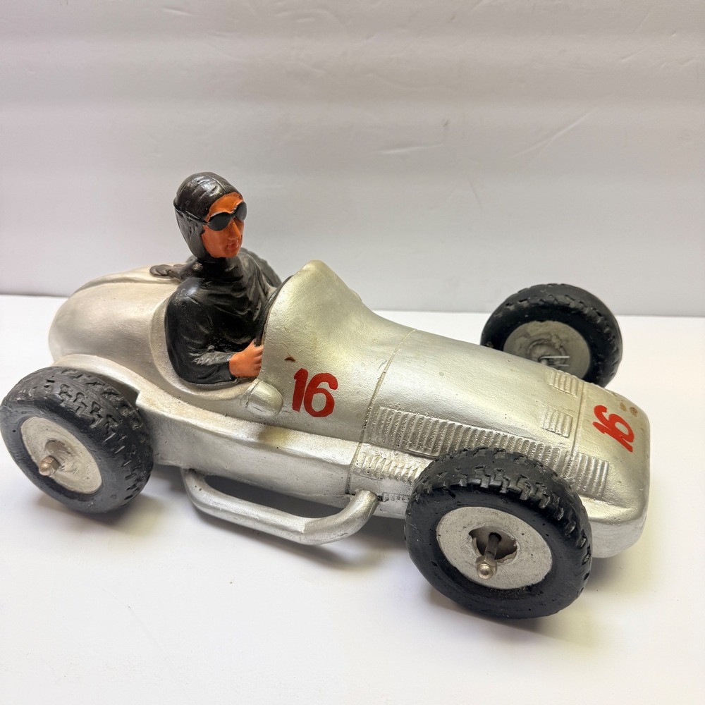 Vintage Mercedes Benz #16 Race Car Toy w/ Driver Formula Racing RARE 14" Antique